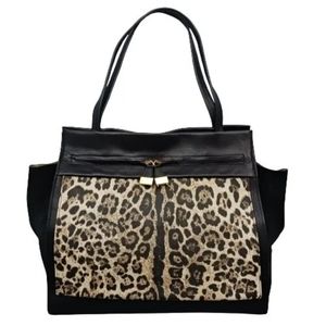 FURLA Italian Black Leather Suede Animal Print Large Tote Handbag Shopper